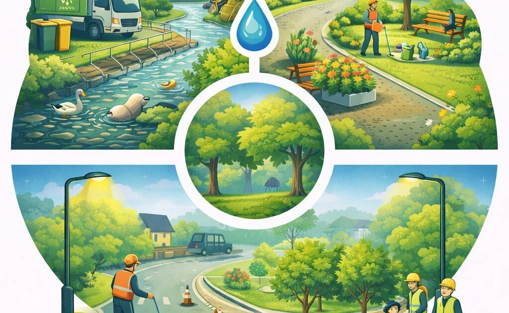 Dessin illustrant l'écologie, les ressources naturelles et les espaces verts