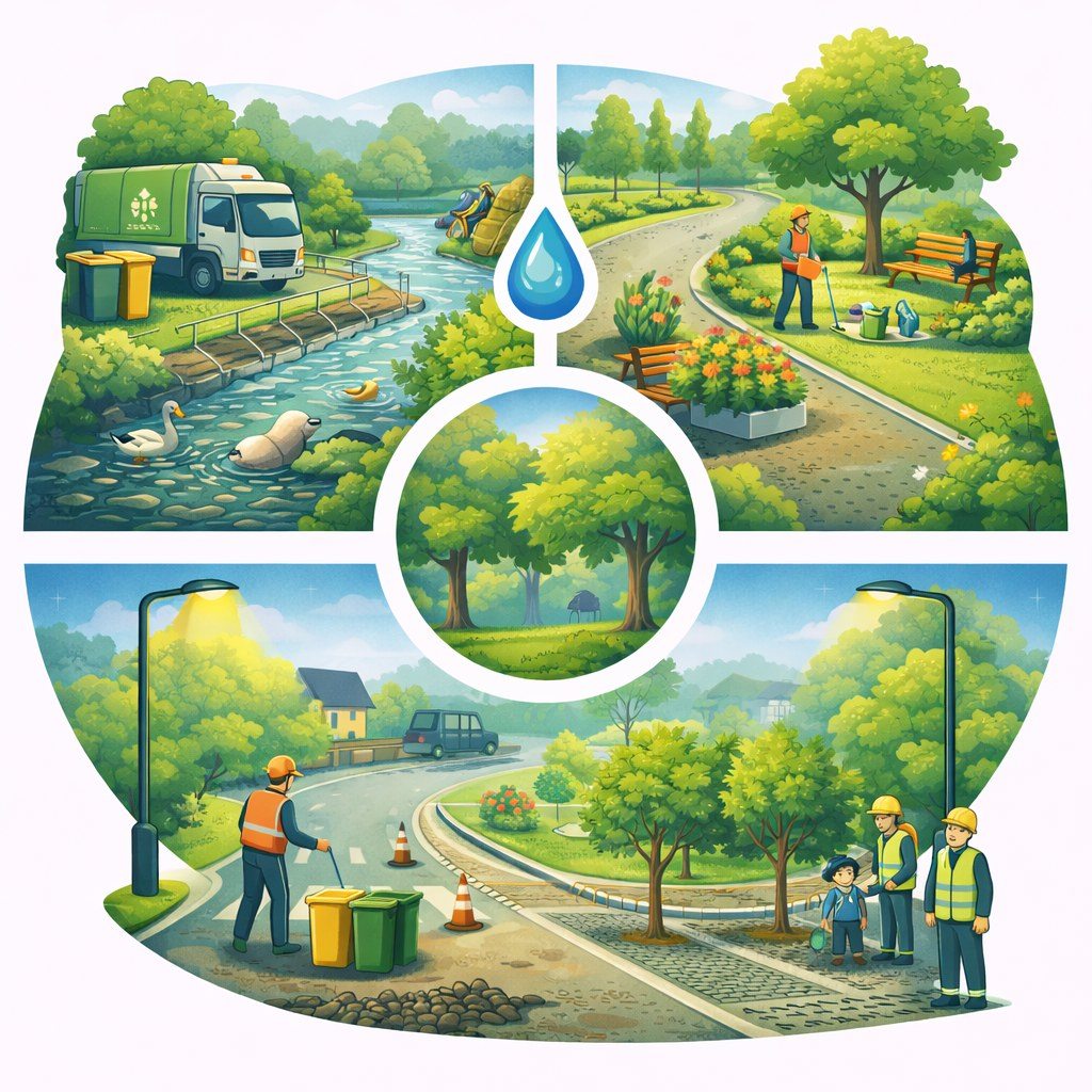 Dessin illustrant l'écologie, les ressources naturelles et les espaces verts